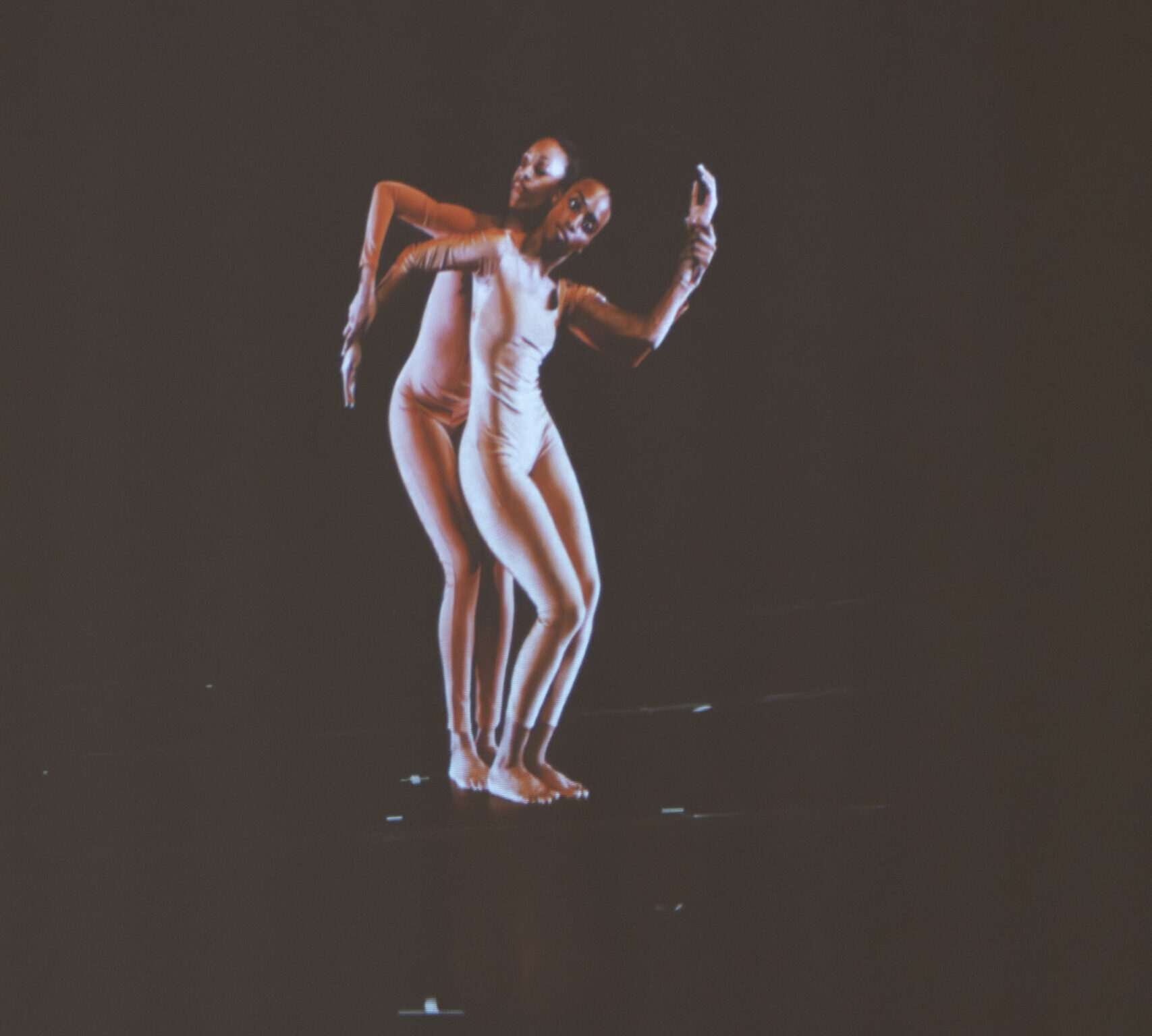 Two Garth Fagan dancers stand in a pose, which was videoed and on display at the Memorial Art Gallery.